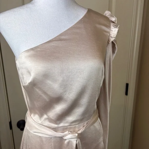 NWT Aakaa Champagne One Shoulder Lined Mini Dress w/ Ruffle Accent and Tie Belt - Picture 2 of 16